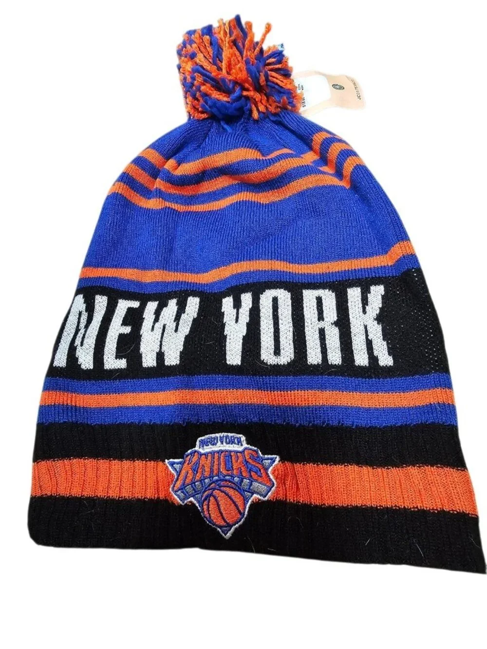 New York Knicks Knit Beanie Hat Longer Style Blue/Orange W/Pom NBA Licensed New
